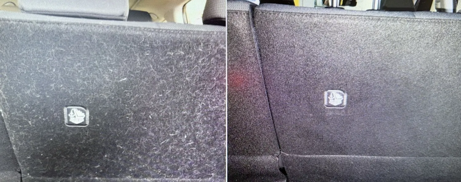 BlitzSauber das Reinigungszentrum Rellingen UG - Fahrzeugpflege - Direkter Vergleich einer Autositzlehne, eine Seite mit Tierhaaren bedeckt und die andere Seite sauber und haarfrei