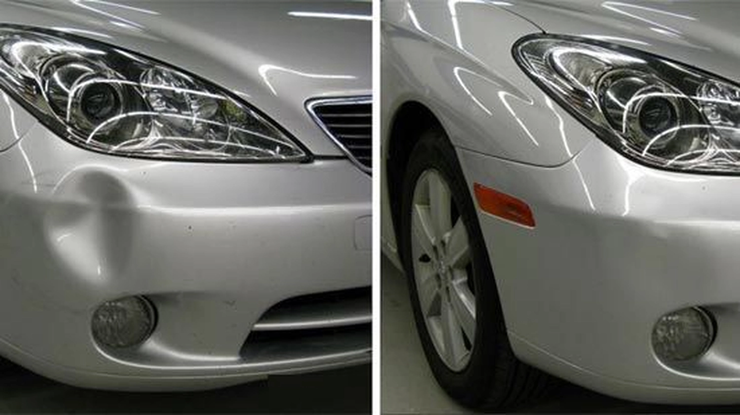 BlitzSauber das Reinigungszentrum Rellingen UG - Fahrzeugpflege - Direkter Vergleich der vorderen Stoßstange eines silbernen Autos mit einer Delle links und derselben reparierten Stoßstange rechts